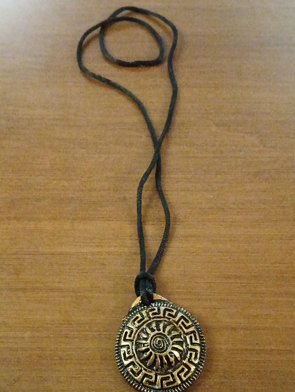Black Cord Necklace with Gold Tone  Medallion Pendant Retro